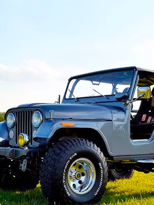 Jeep CJ7 1984 plateado descapotado sobre el pasto